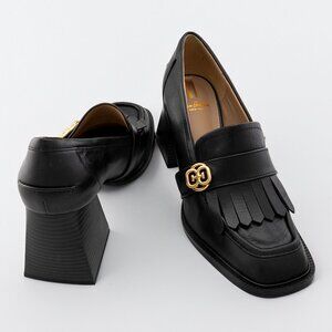 Sam Edelman Black Leather Fringe Loafer Heels, Gold Hardware, Block Heel, size 9